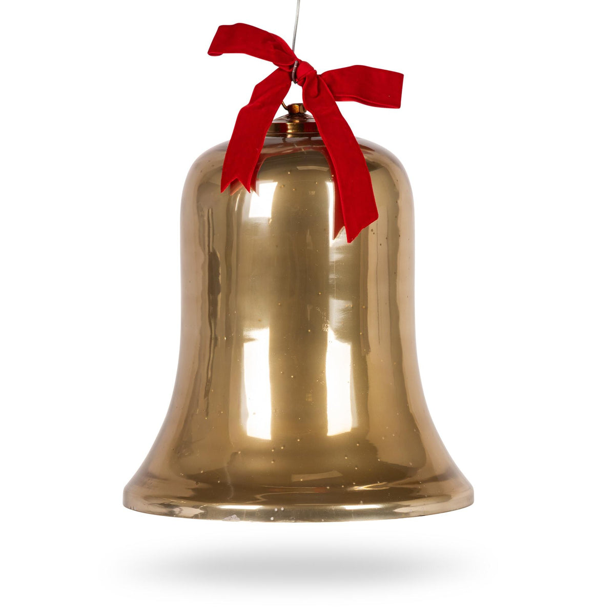 10"H Mercury Gold Glass Bell Ornament with Red Velvet Ribbon