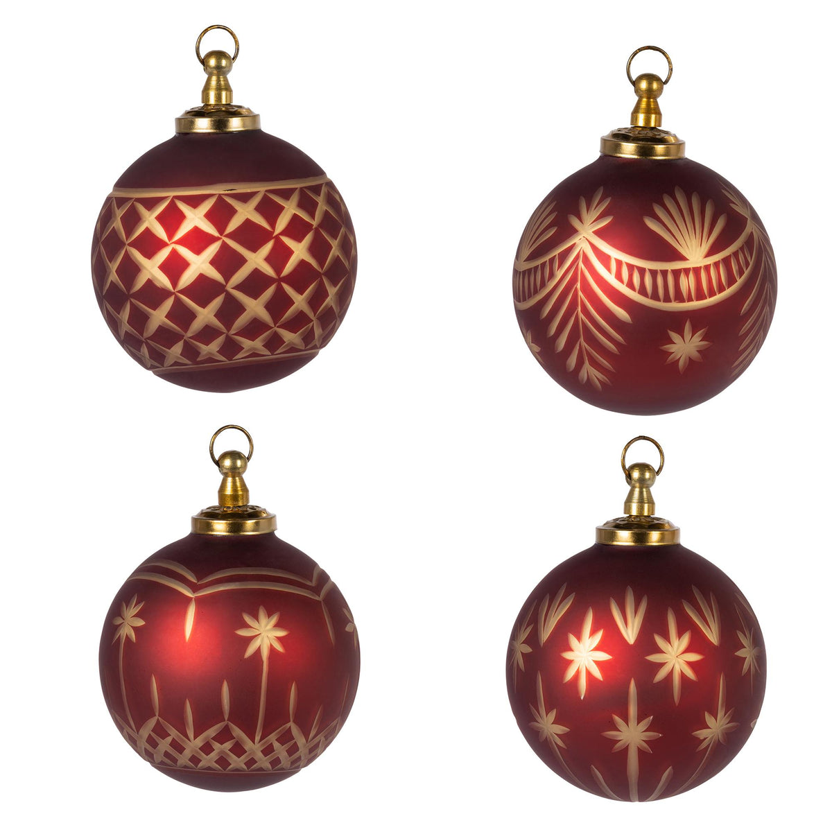 4" Gold and Matte Red Glass Ornaments, Set of 4