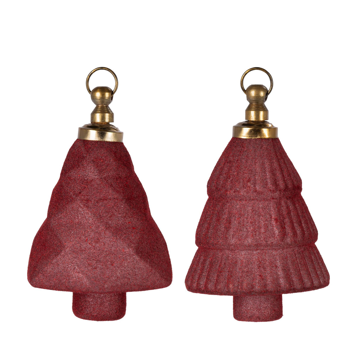 Red Flocked Glass Tree Shaped Ornament, 2 Asst, 4"