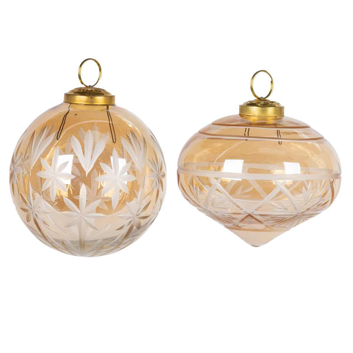 4" Cut Glass Amber Colored Ornaments, 2 Asst