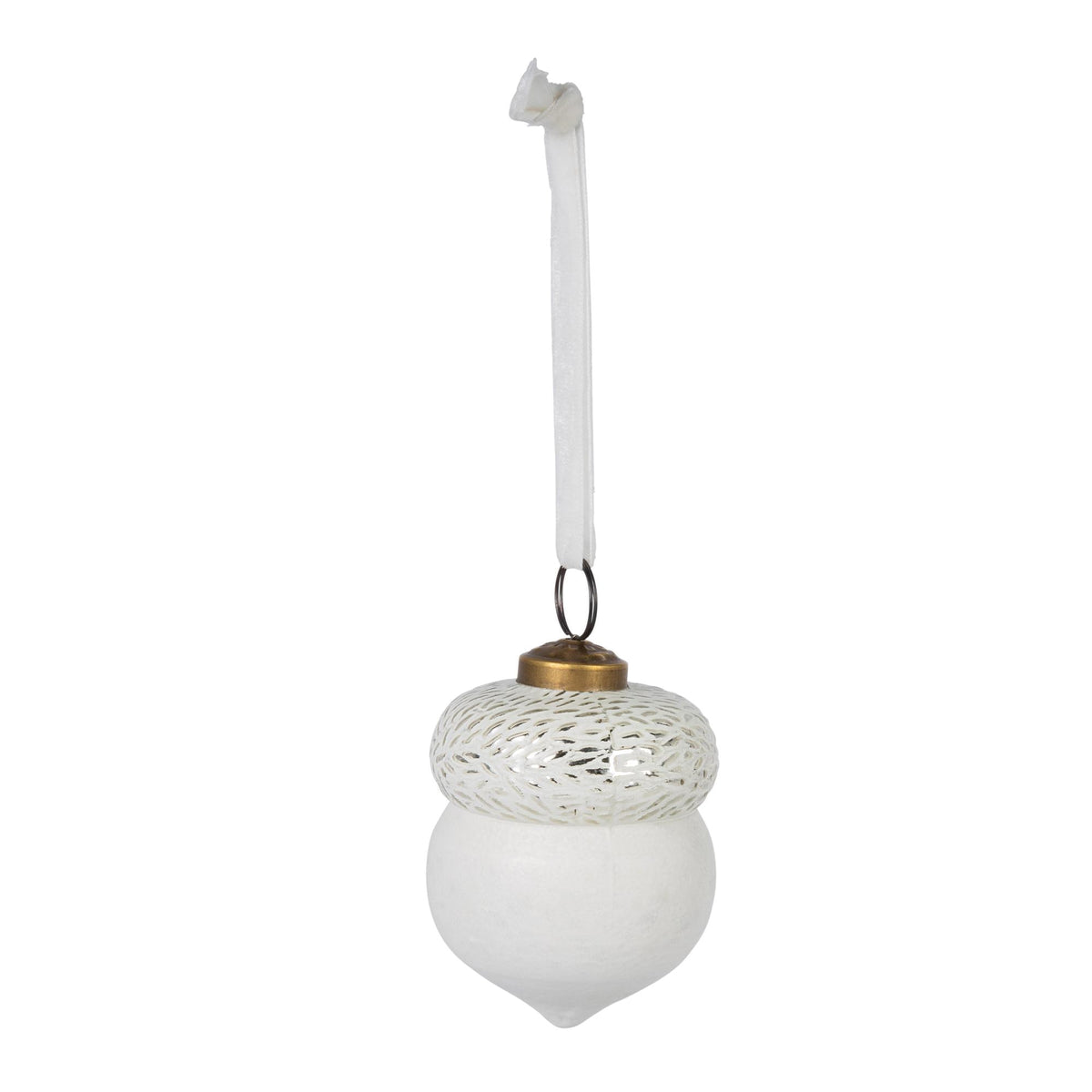 3.5"H Glass Matte White Acorn Ornament w/ Velvet Ivory Bow