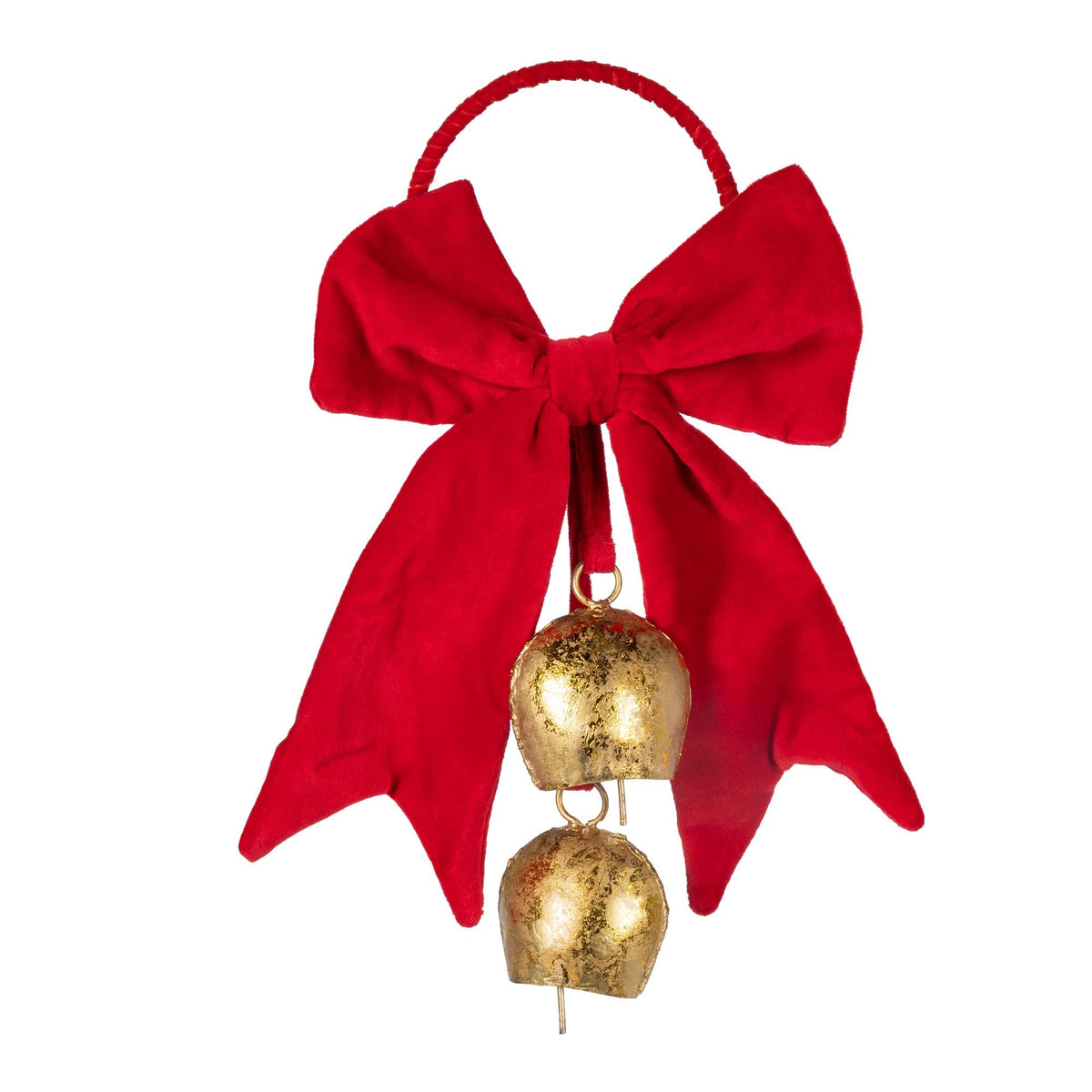 Red Velvet Bow with Bell Ornament, 6"H