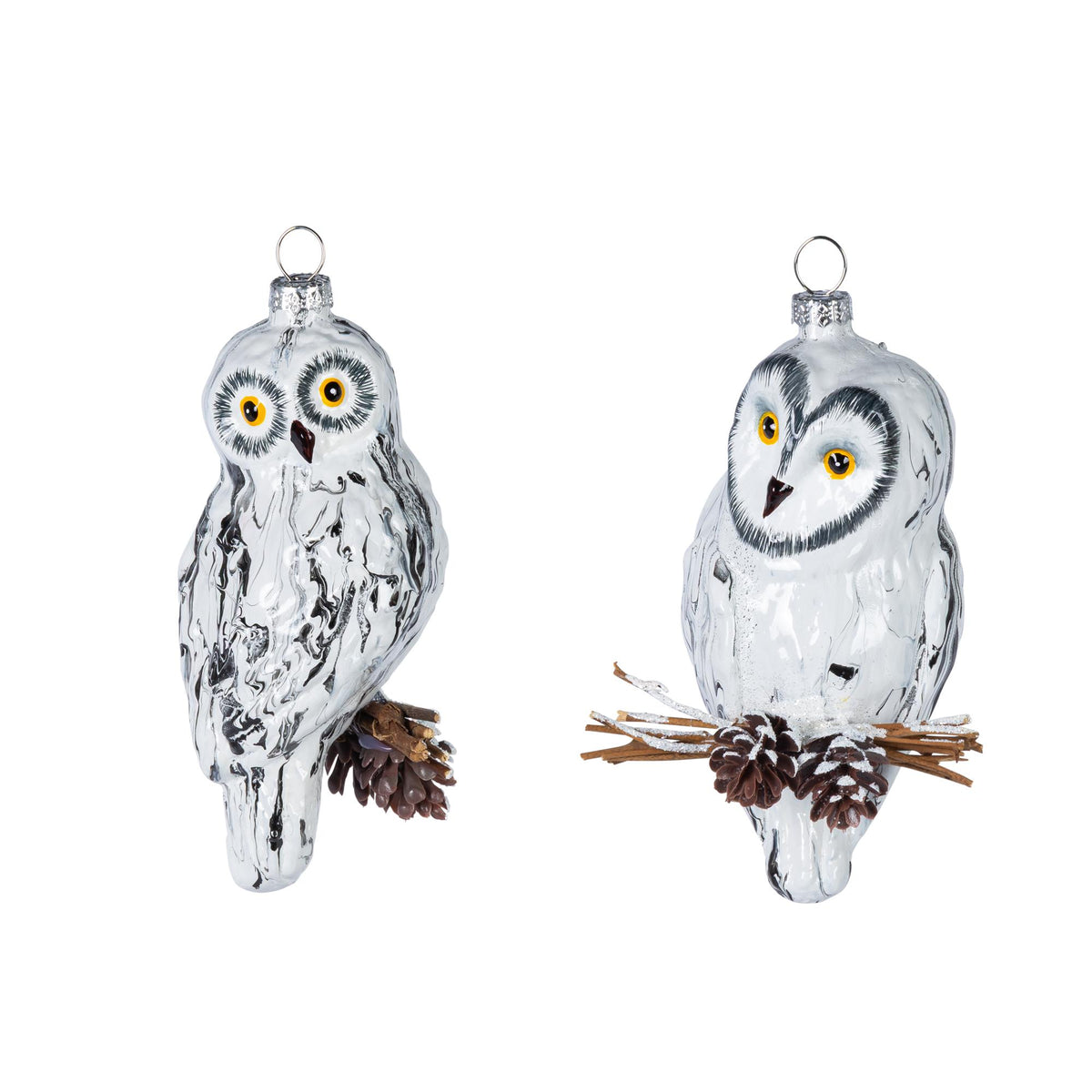 5"H Glass Snowy Owl Ornament, 2 Asst