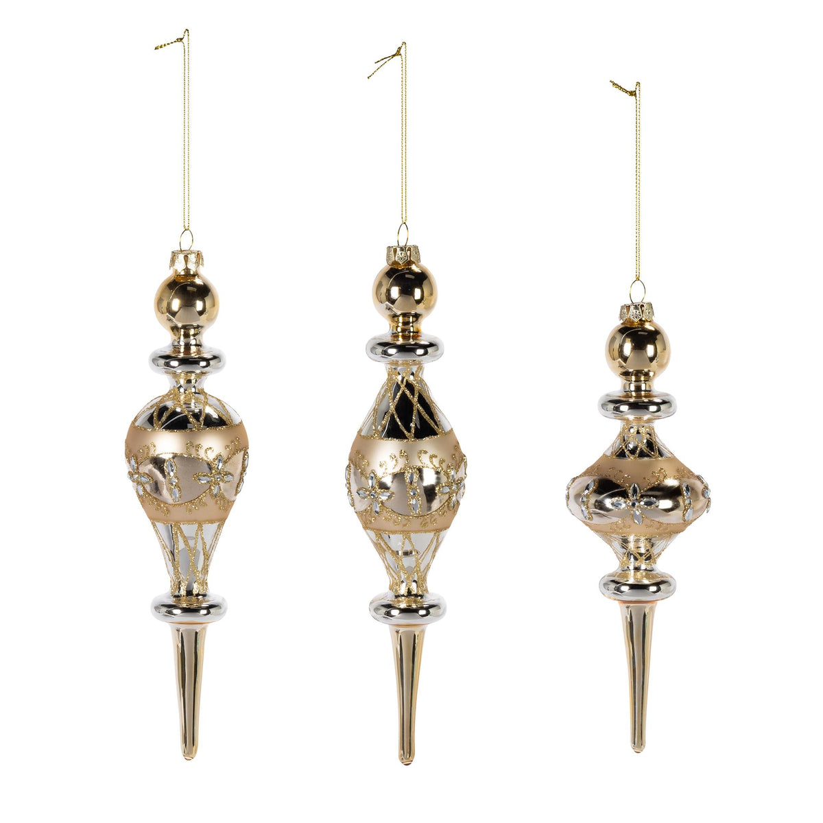 9.25"H Gold Glass Finial Ornament and Topper, 3 Asst