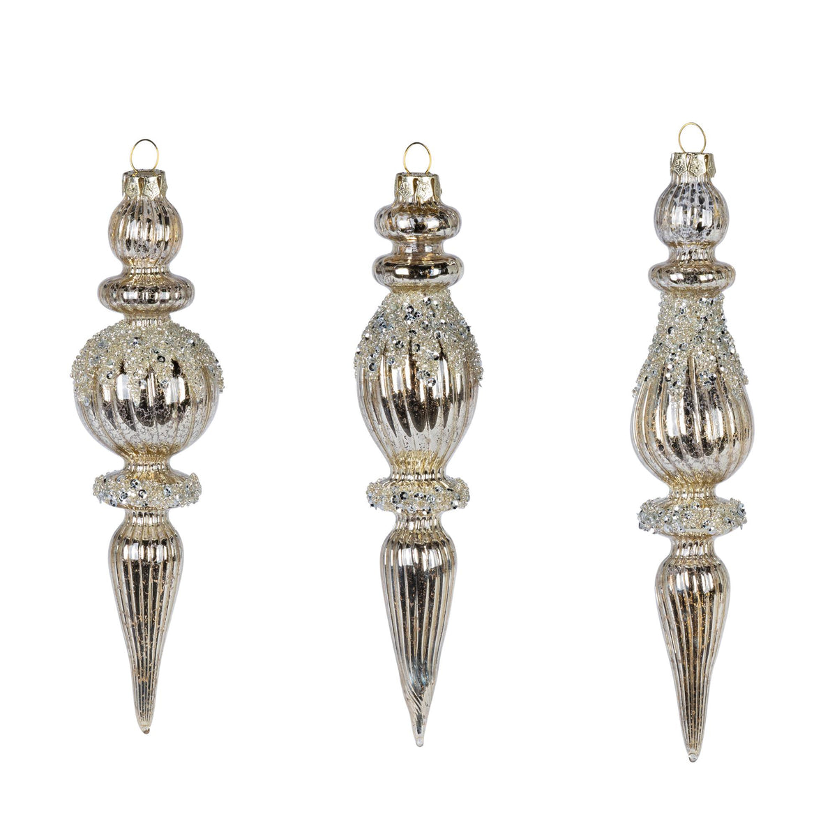 7.5"H Gold Glass Finial Ornament and Topper, 3 Asst
