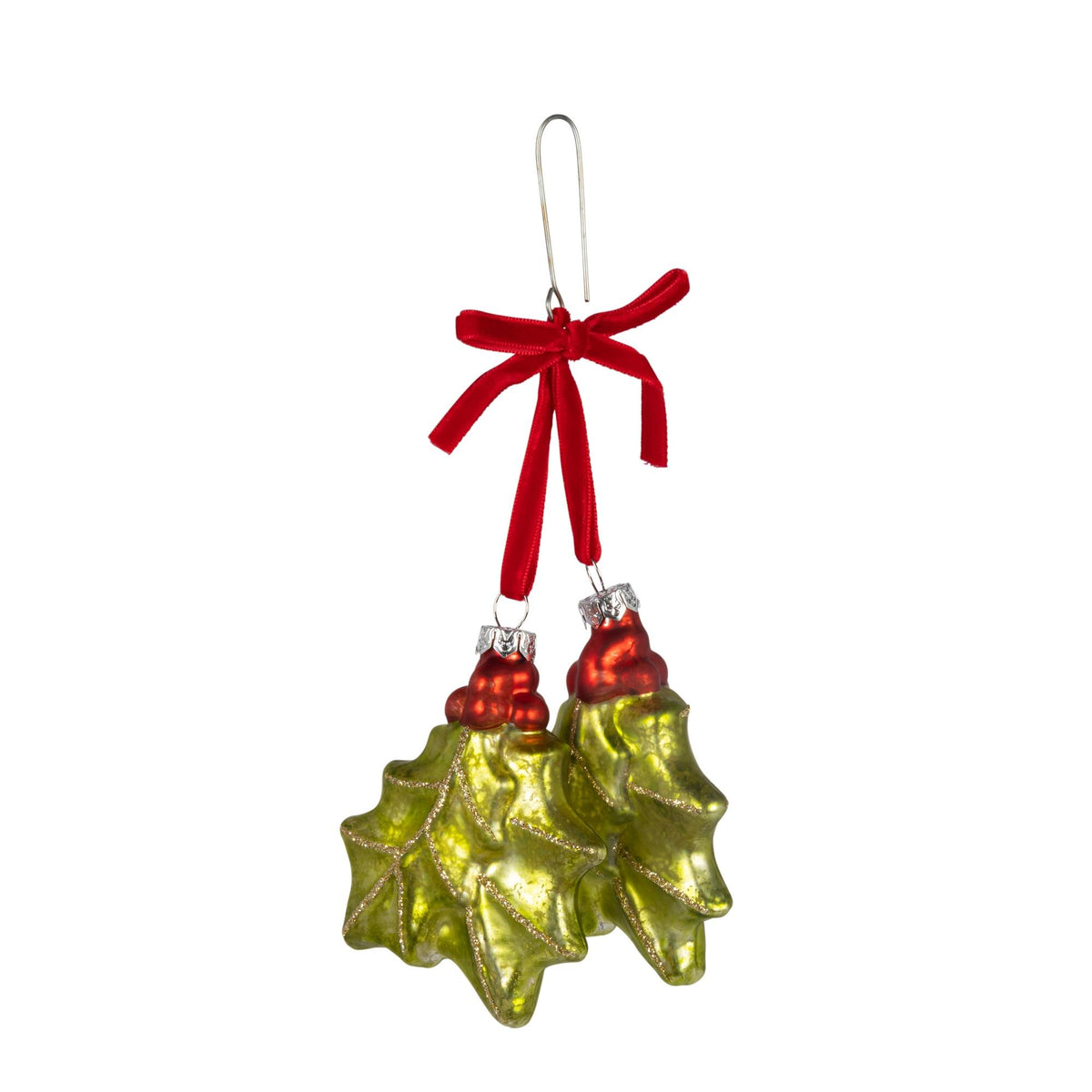 3.5" Glass Holly Leaf and Berry Ornament