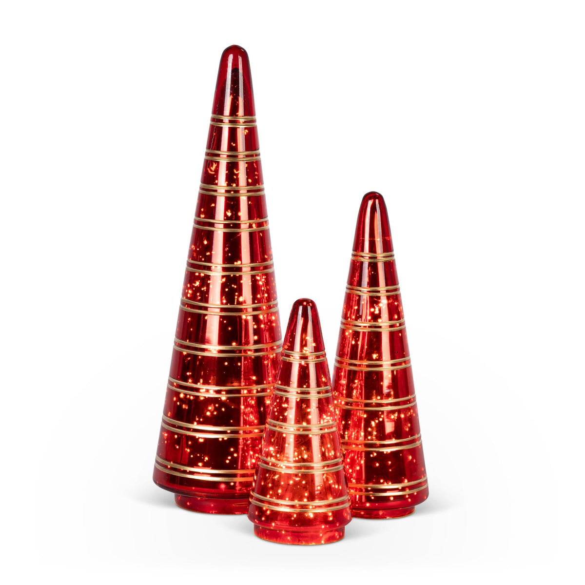 Lighted Red Etched Glass Tabletop Tree, Set of 3, Lg is 15.75"H