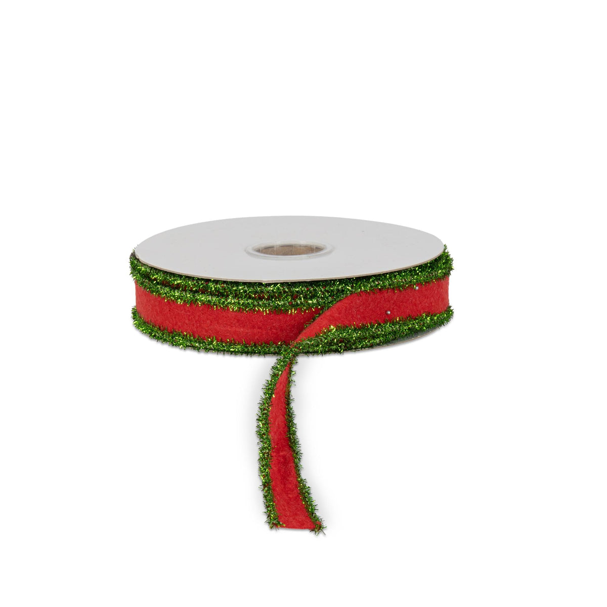 Red Felt Ribbon with Green Tinsel Edge, 10 Yard, 1"W