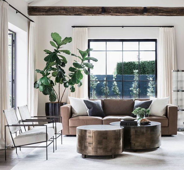 Modern living room with a brown sectional sofa, round coffee tables, and decorative plants.