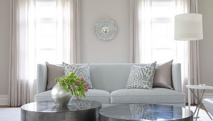 Modern living room with a gray sofa, coffee table, and decorative elements.