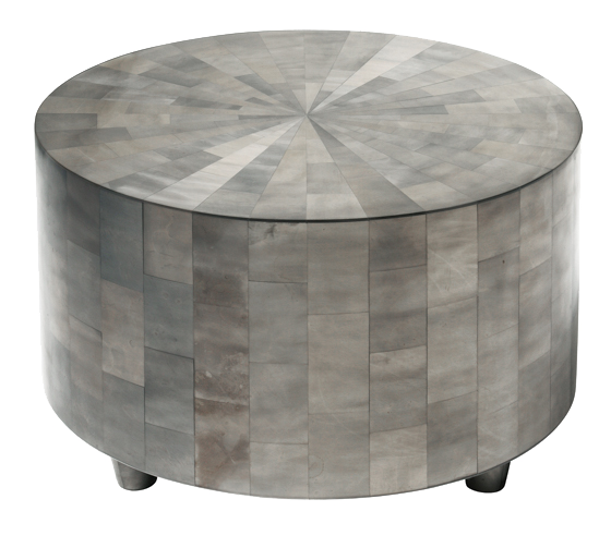 Round wooden coffee table with a starburst pattern on a white background