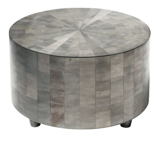 Round wooden coffee table with a starburst pattern on a white background