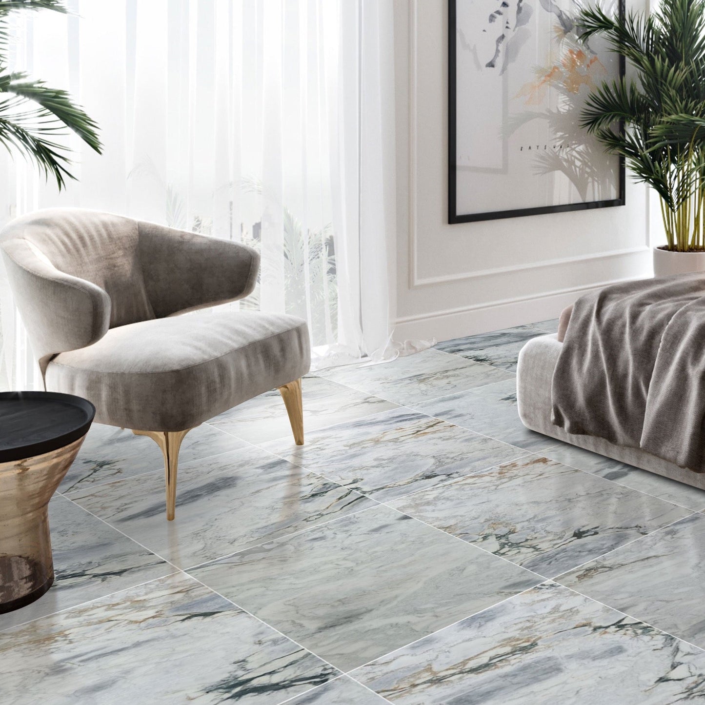 Living room with marble flooring, gray armchair, and decorative elements.
