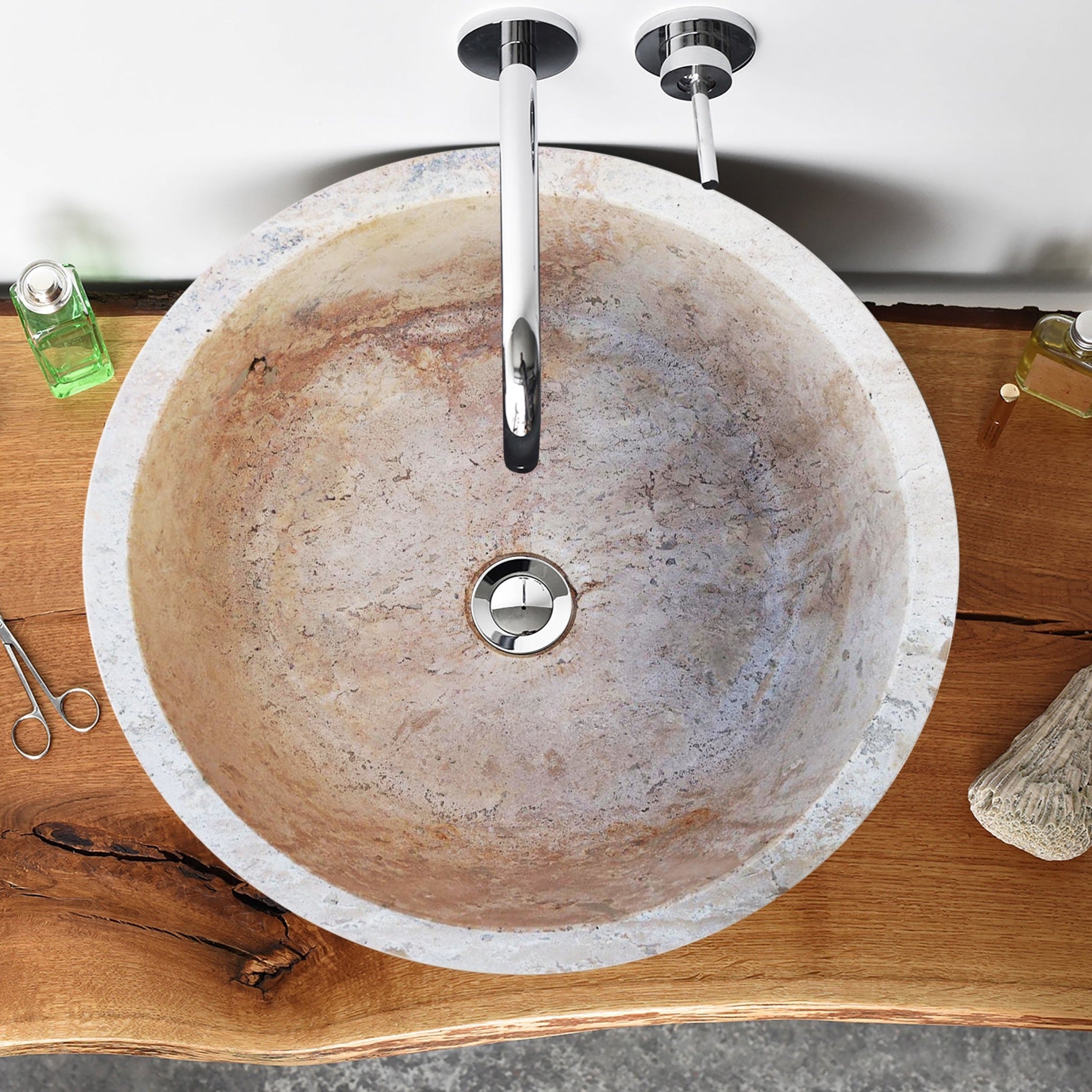 Image showcasing Natural Stone Beige Travertine Self-Rimming Above vanity or Drop-in Ba ...