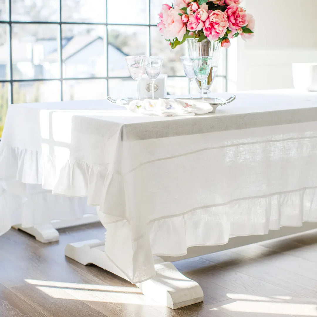 Rectangular Linen Tablecloth with Ruffle by Crown Linen Designs