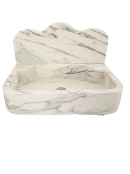 Calacatta White Marble Wall-Mount Bathroom Sink with Arabesque Backsplash (W)16" (L)24" (H)5"