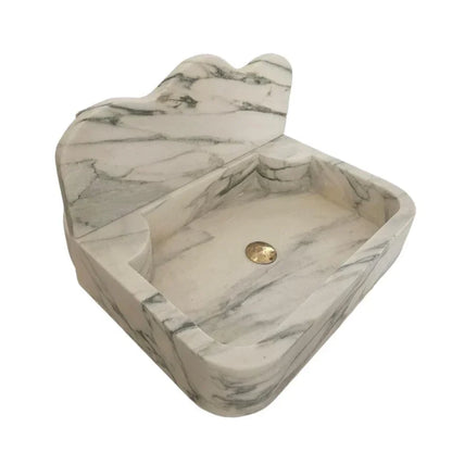Calacatta White Marble Wall-Mount Bathroom Sink with Arabesque Backsplash (W)16" (L)24" (H)5"