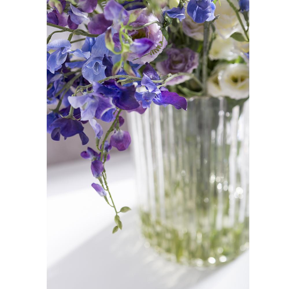 Artificial Faux Sweet Pea Arrangement in Ribbed Glass Vase close up 