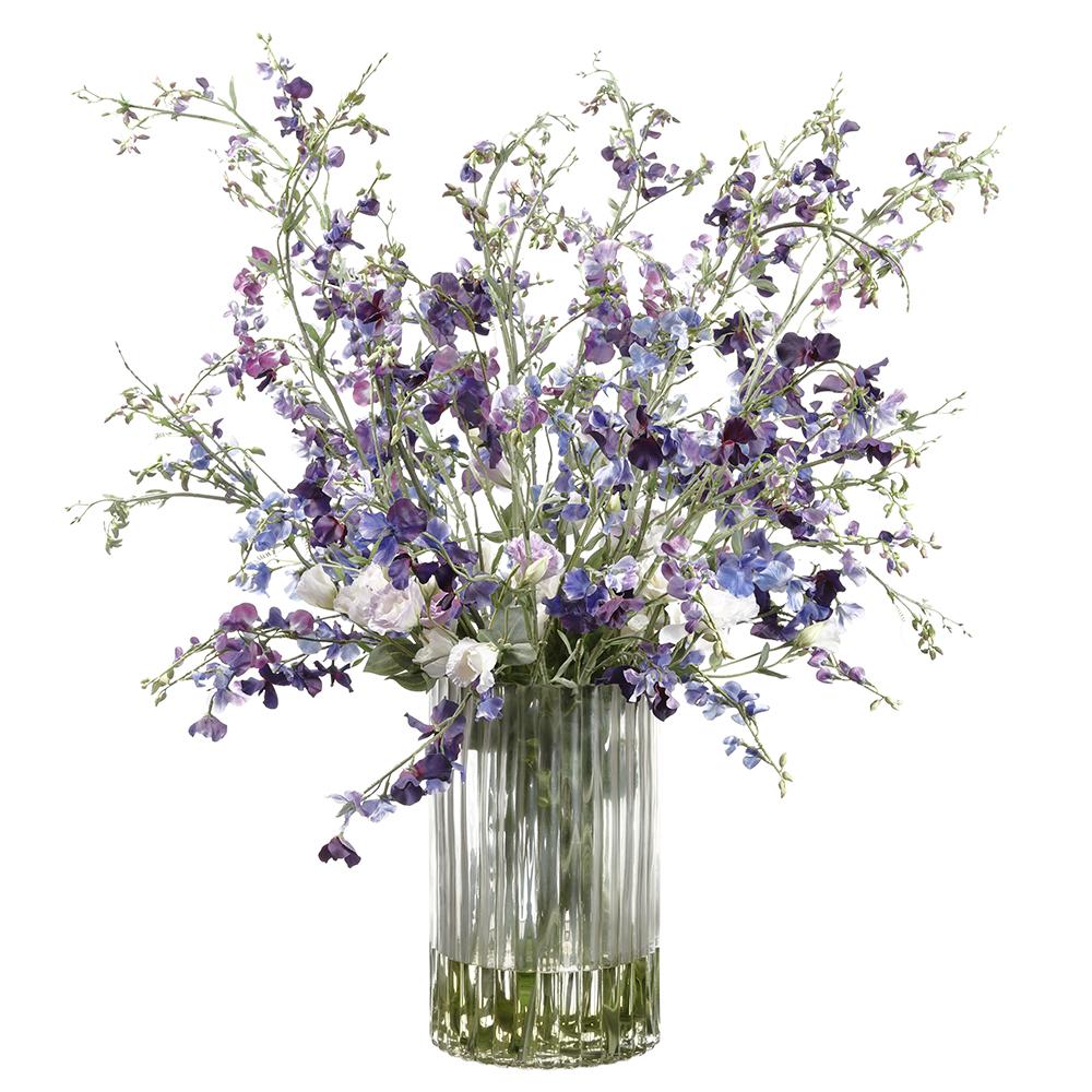 Artificial Faux Sweet Pea Arrangement in Ribbed Glass Vase with white background