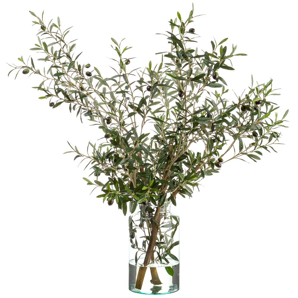 Artificial Faux Olive Tree Branches in Glass Vase