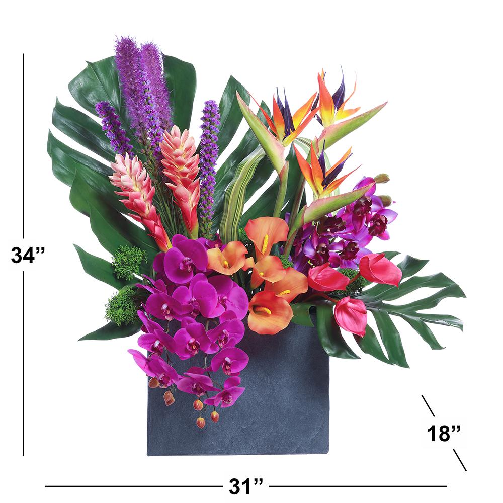 Artificial Orchid/Faux Hawaiian Ginger/Bird of Paradise in Planter Purple shown with dimensions