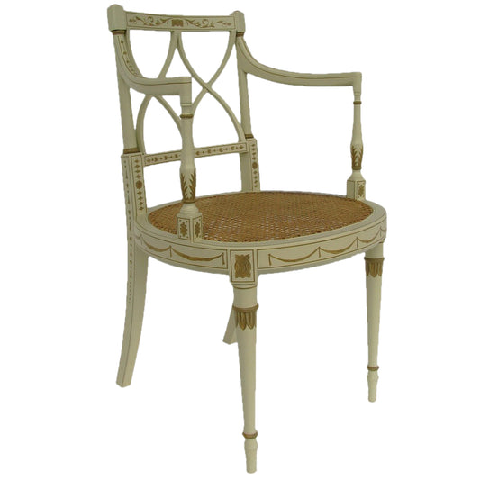 Decorative chair with a wicker seat on a taupe background