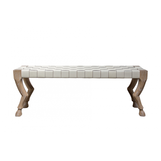 Decorative bench with tiled seat and wooden legs on a white background