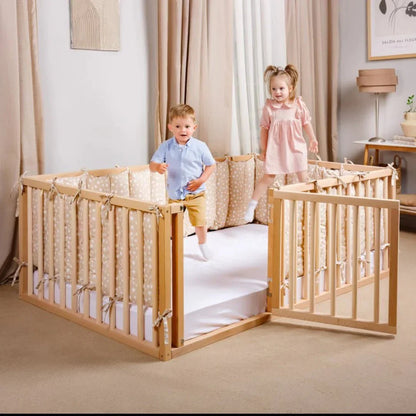 Full Montessori Floor Bed Frame for Toddlers with Fence