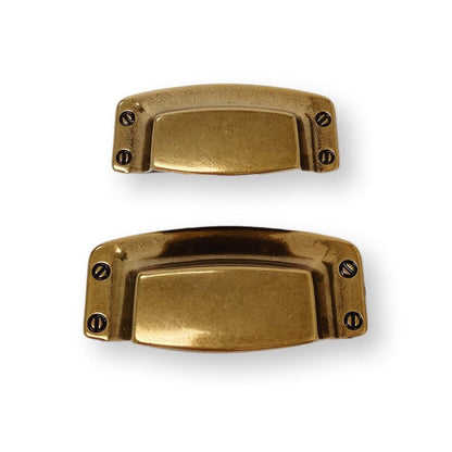 Two brass cabinet handles on a white background