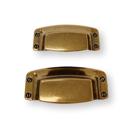 Two brass cabinet handles on a white background