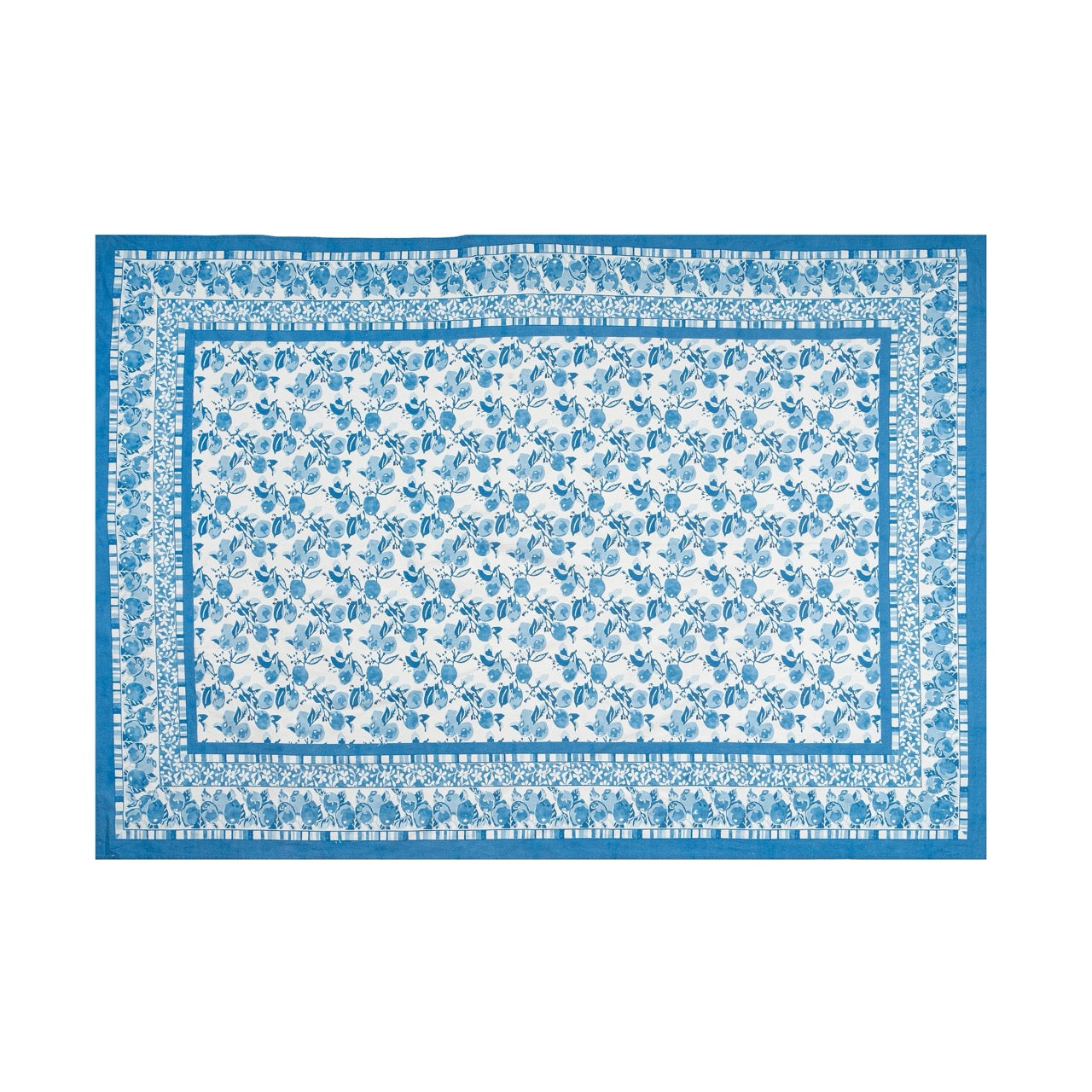 Floral patterned rug with blue border on a white background