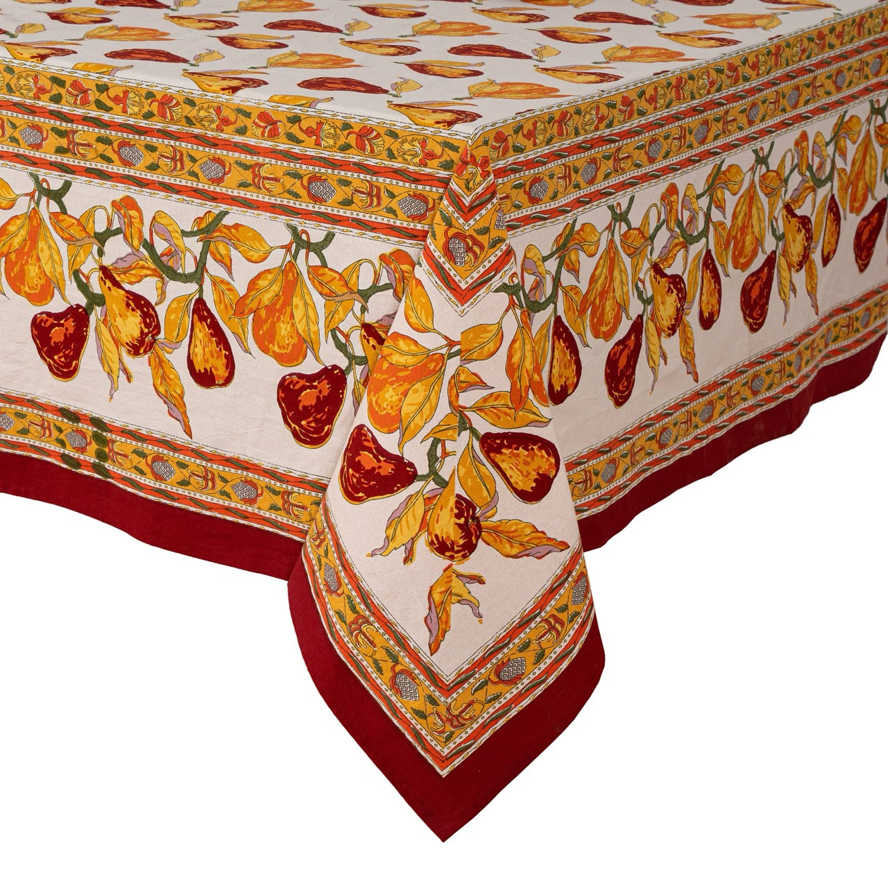 Decorative tablecloth with autumnal fruit and leaf pattern on a white background