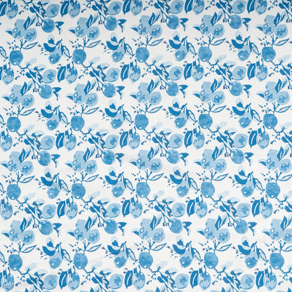 Pattern of blue flowers and leaves on a white background