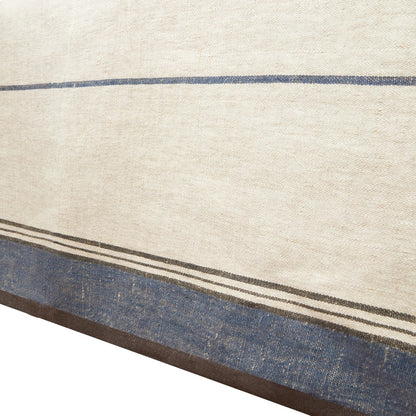 Close-up of a rug with blue and brown stripes on a white background