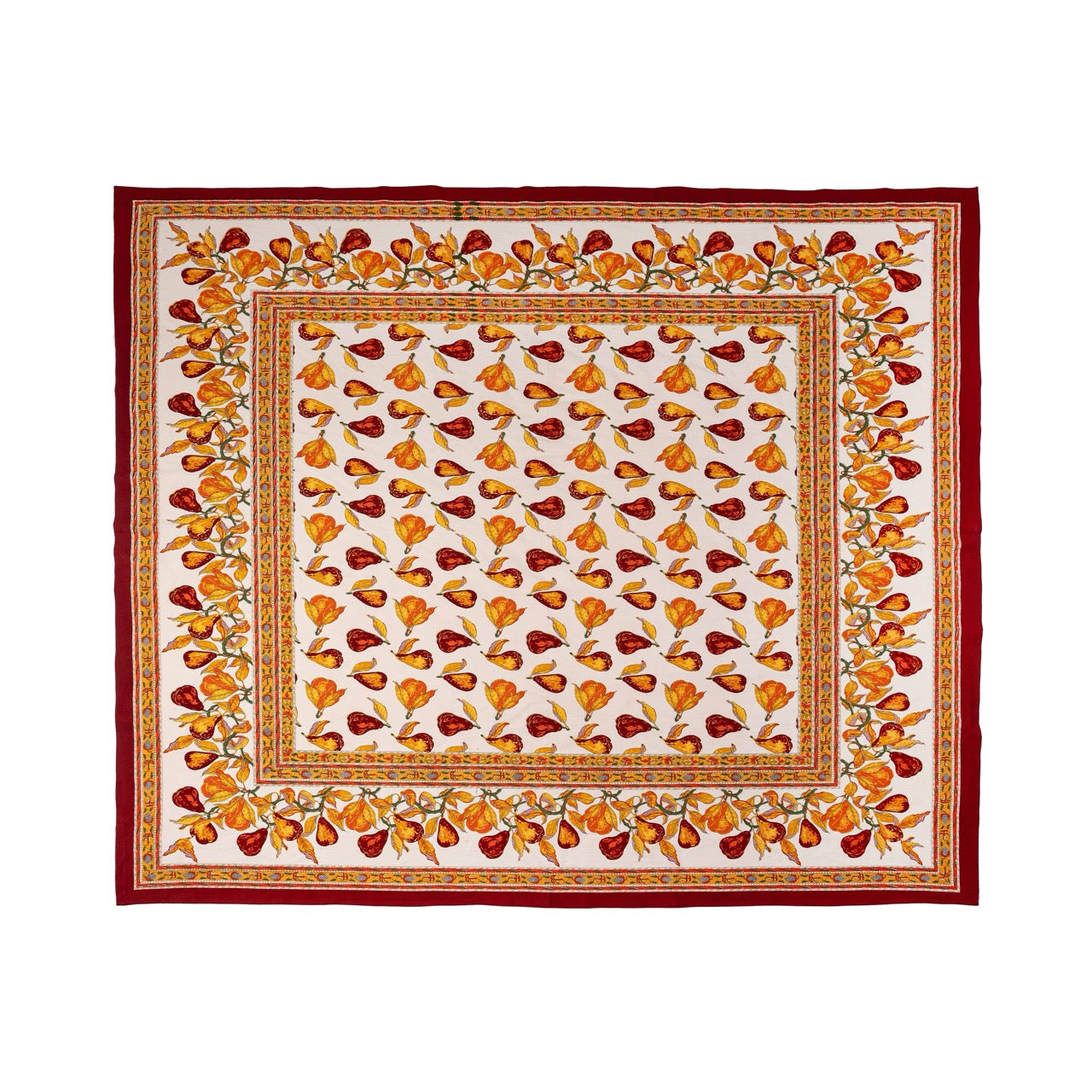 Decorative tablecloth with autumn leaf pattern on a white background