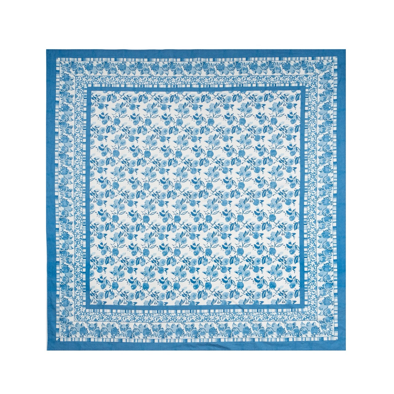 Blue and white patterned fabric square on a white background