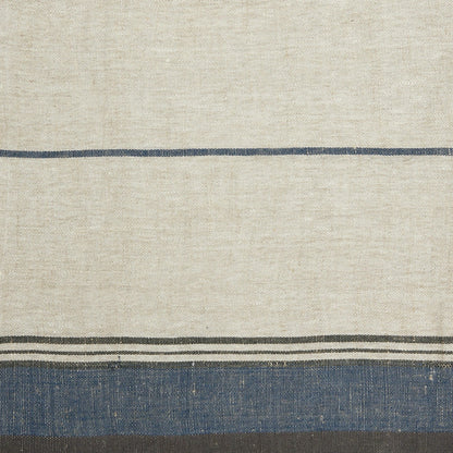 Textured fabric with horizontal blue stripes on a beige background