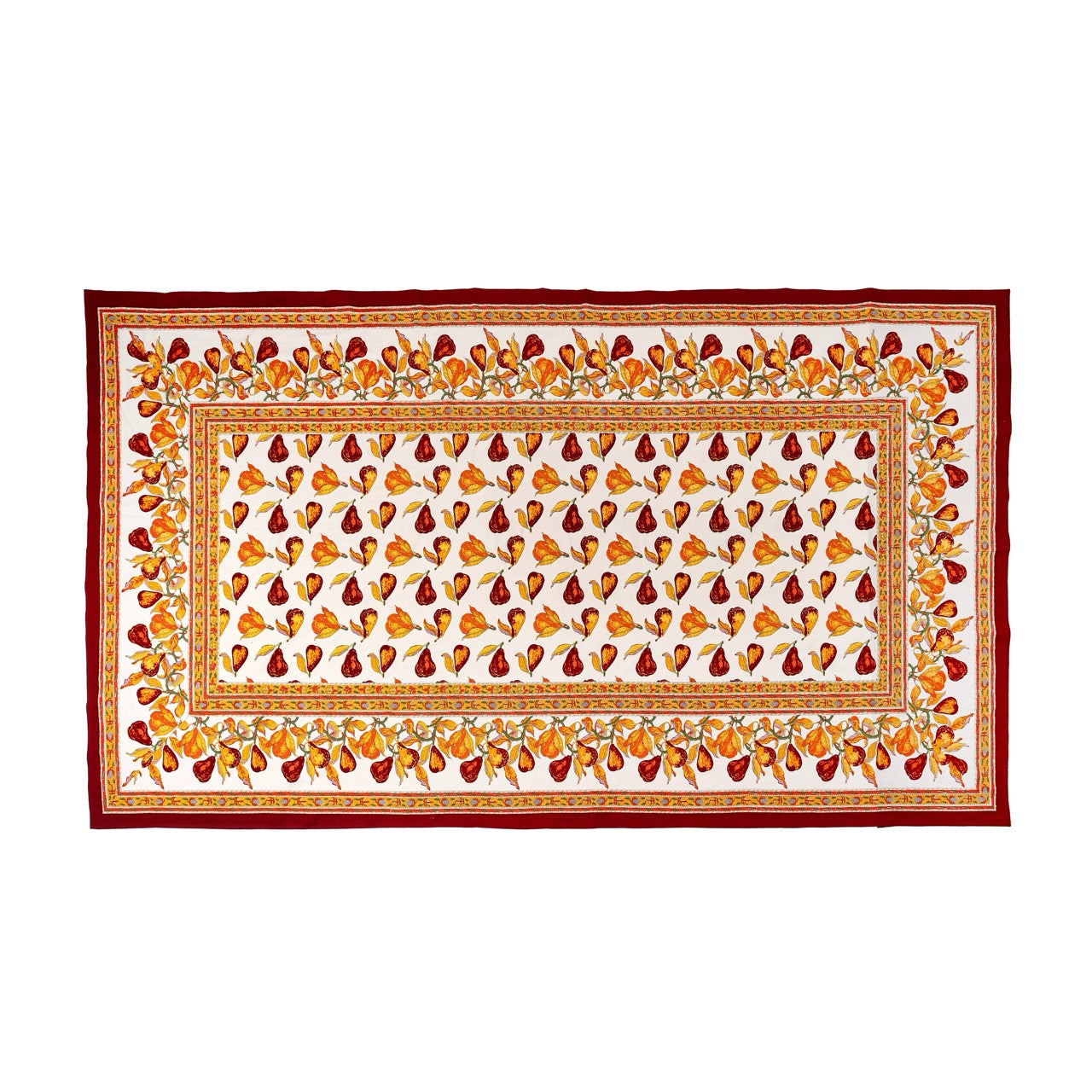 Decorative tablecloth with autumn leaf pattern on a white background