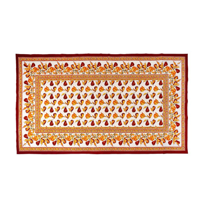 Decorative tablecloth with autumn leaf pattern on a white background