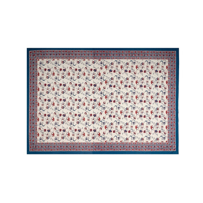 Decorative rug with a pattern of people and animals on a white background