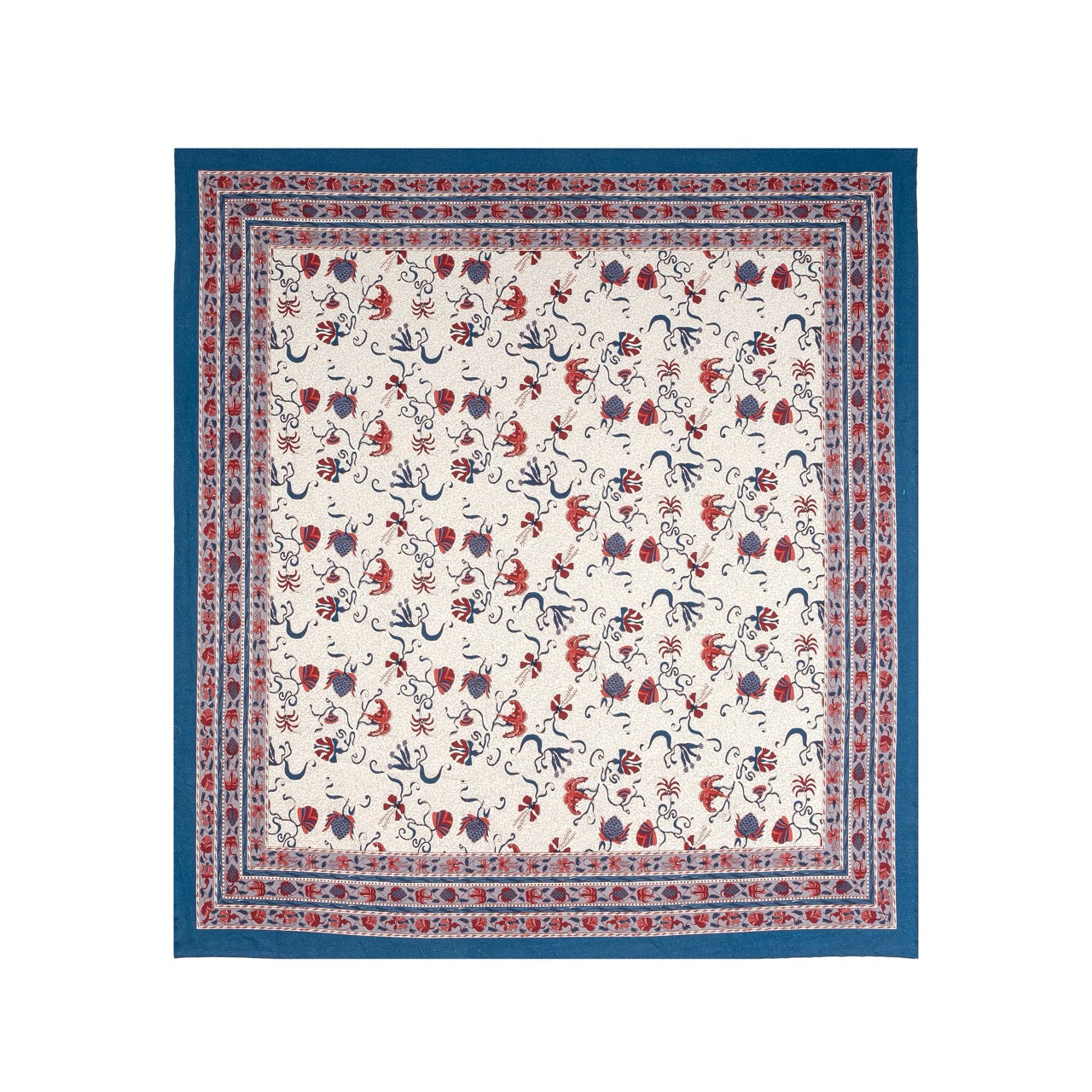 Decorative tablecloth with floral and animal pattern on a white background