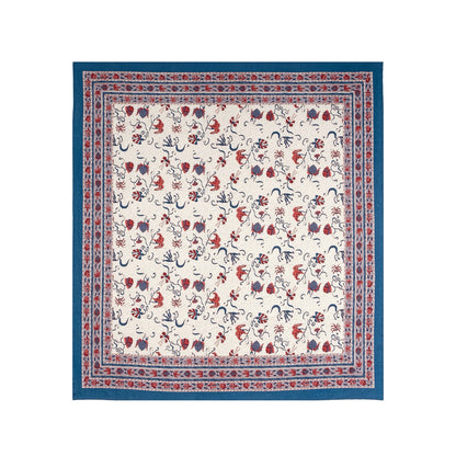 Decorative tablecloth with floral and animal pattern on a white background