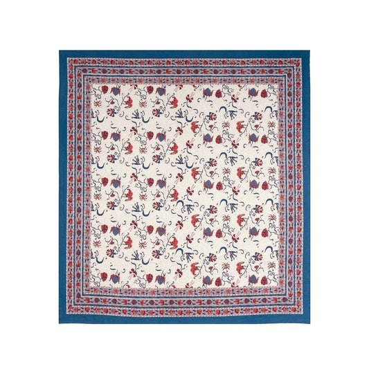 Decorative tablecloth with floral and animal pattern on a white background