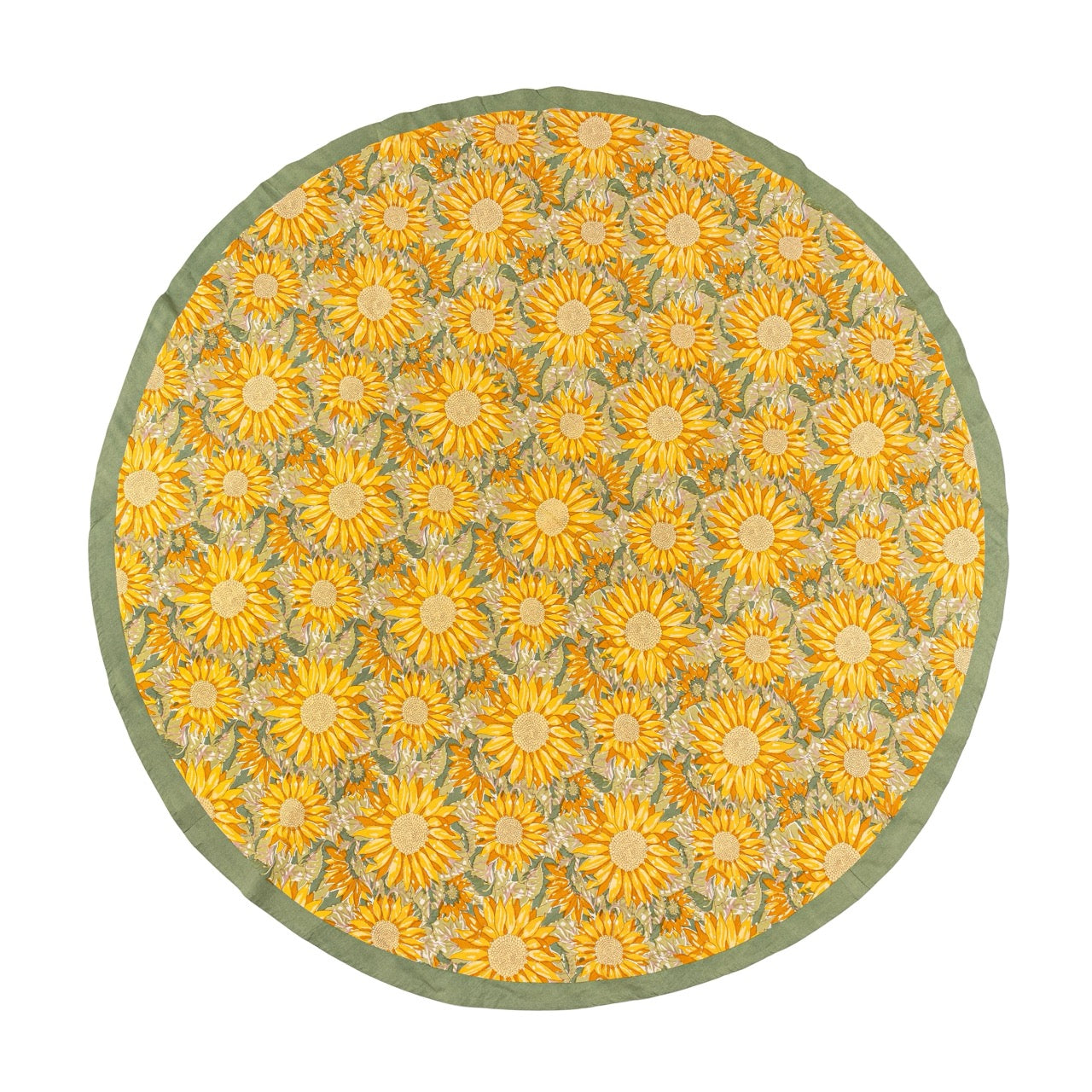 Round rug with yellow floral pattern on a white background