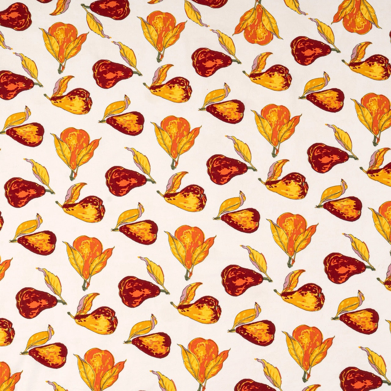 Pattern of autumn leaves in red, orange, and yellow on a beige background