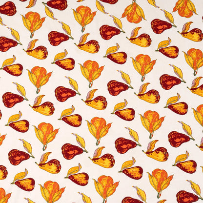 Pattern of autumn leaves in red, orange, and yellow on a beige background