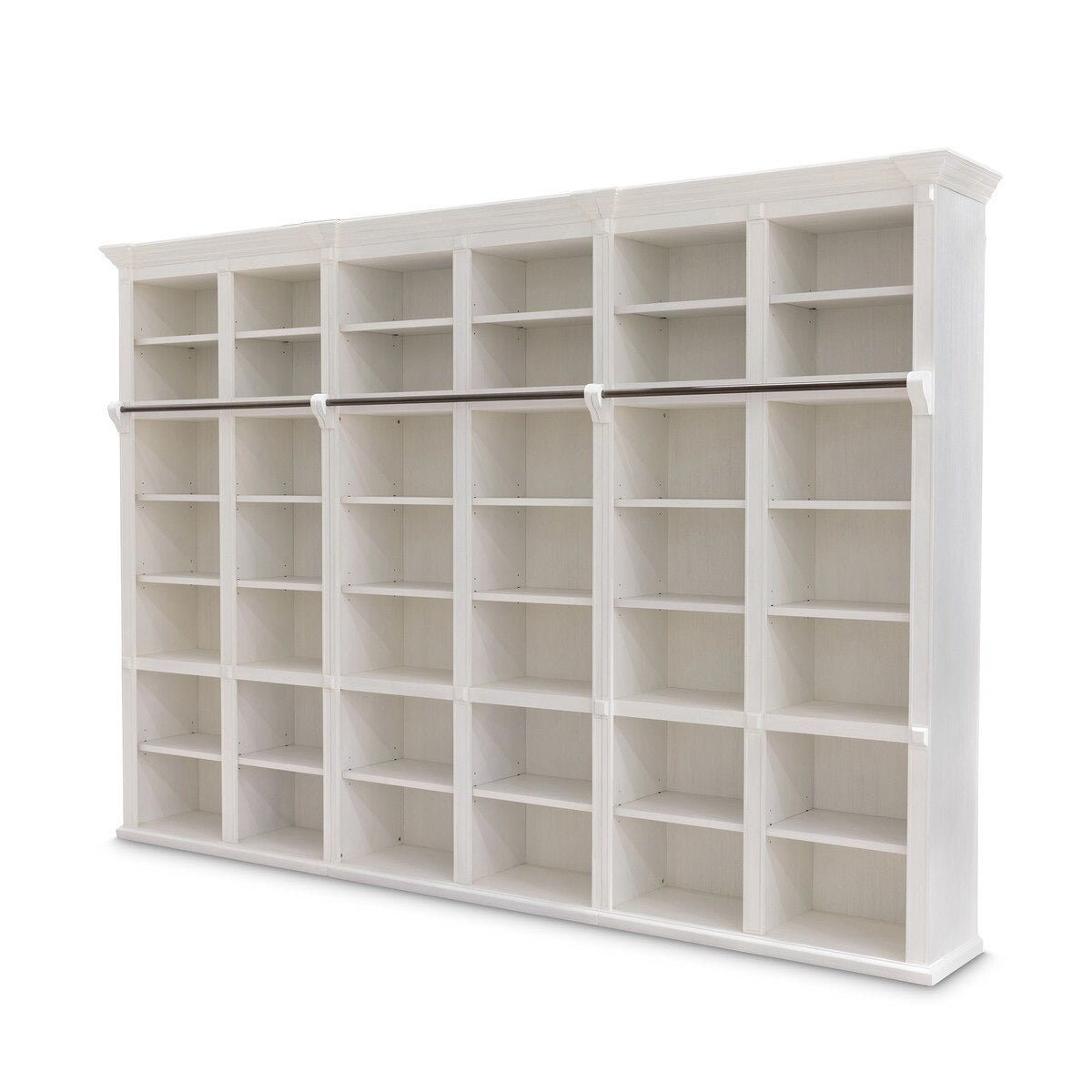 White bookshelf with multiple shelves on a white background