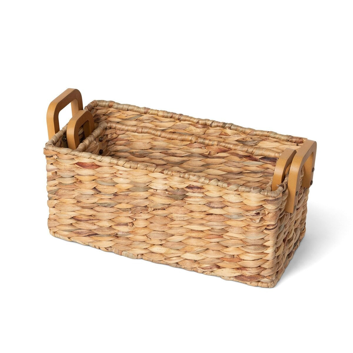 Woven basket with wooden handles on a white background