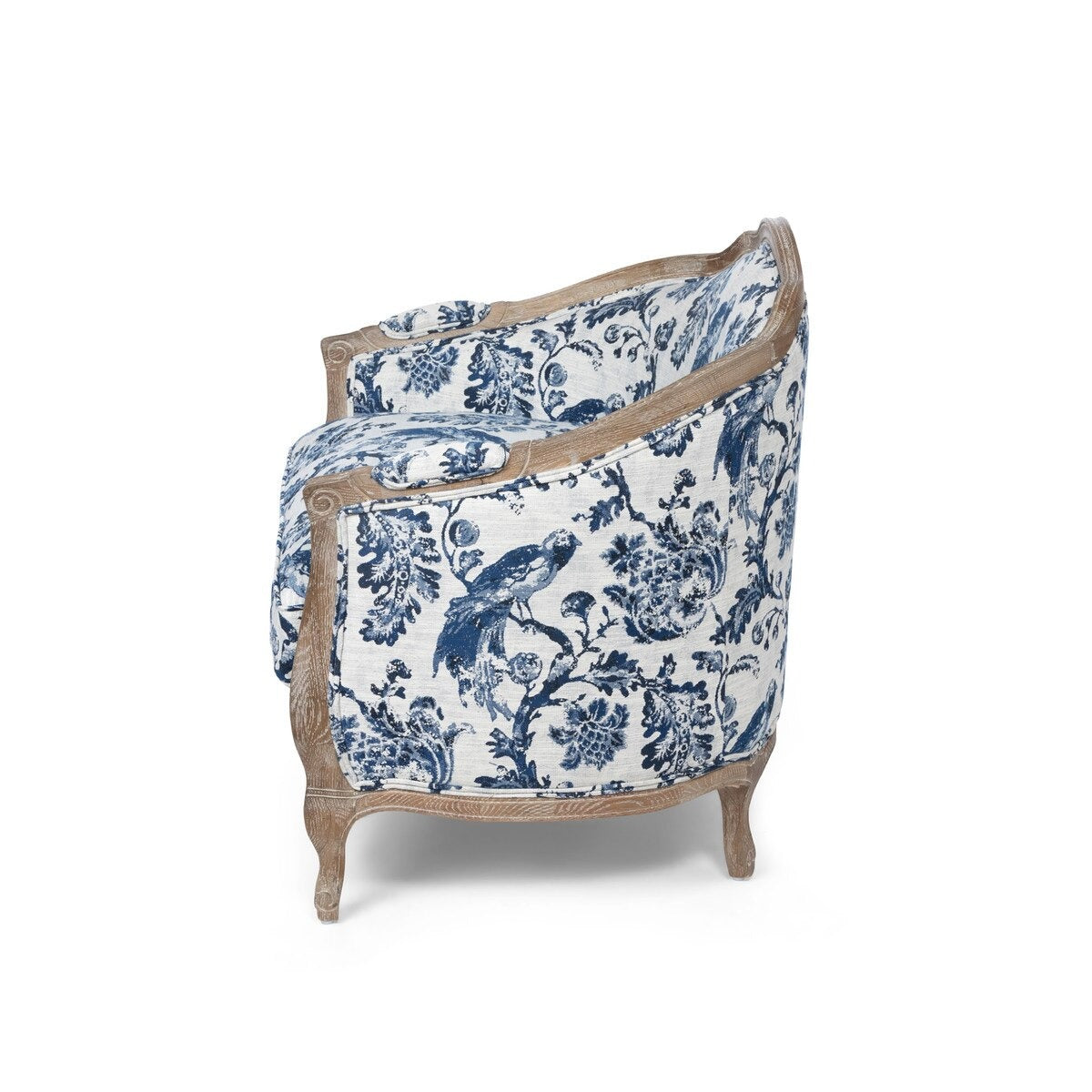 Decorative armchair with blue floral pattern on a white background