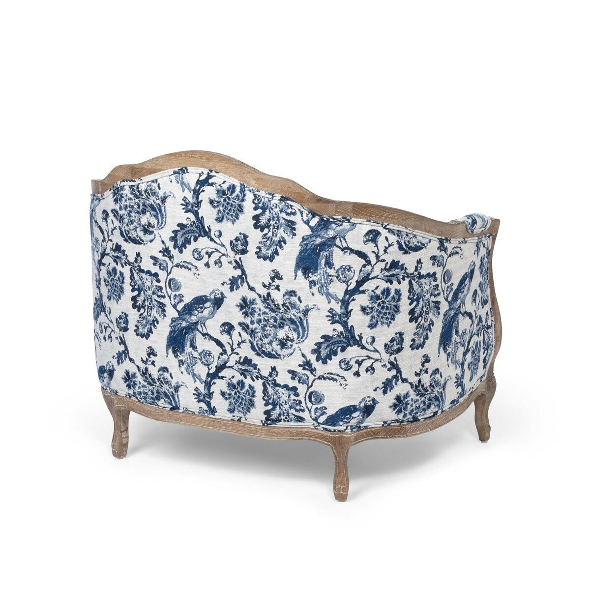 Decorative chair with blue floral pattern on a white background